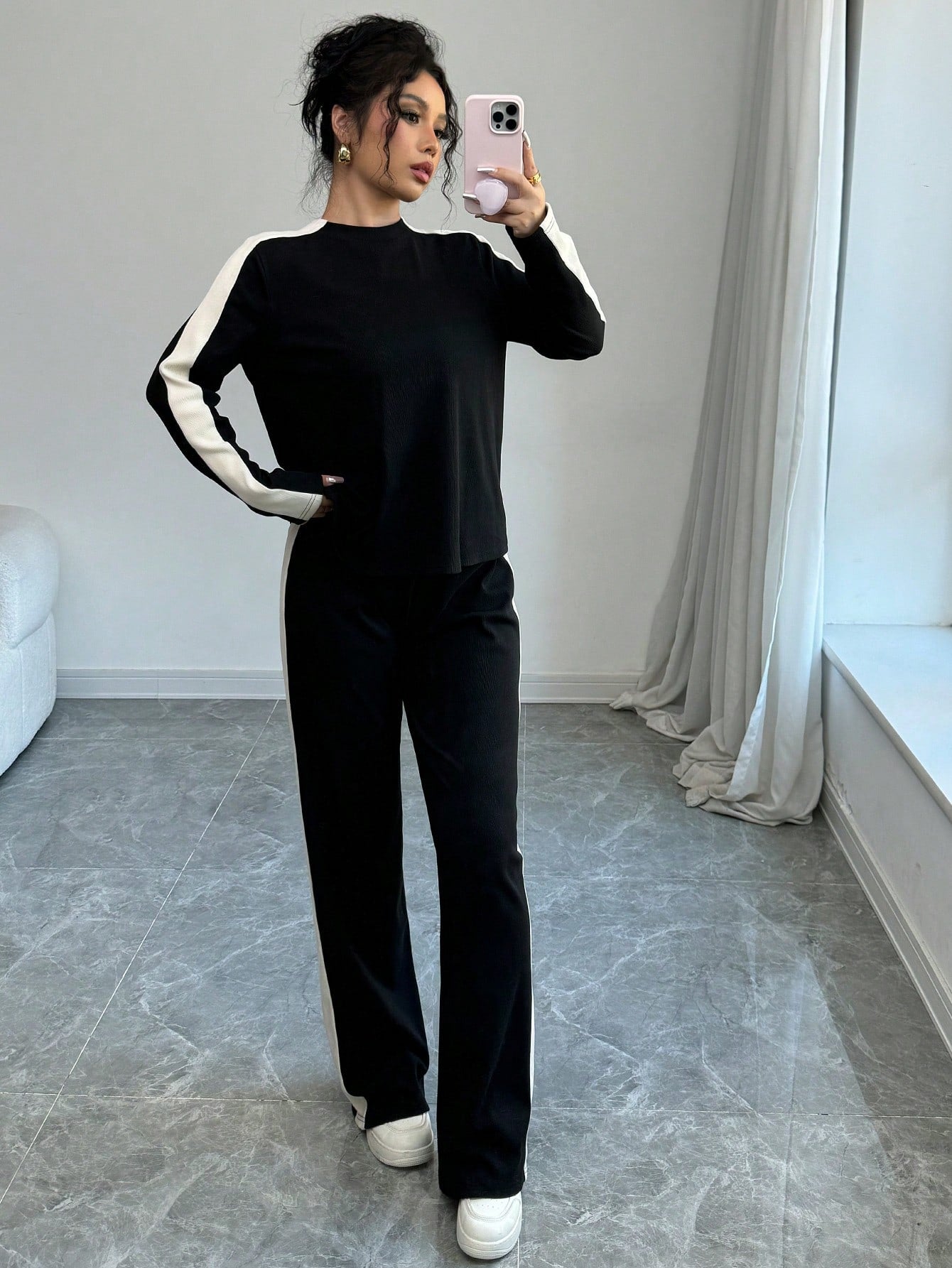  | SHEIN Elenzga 2pcs Women Fashion Striped Contrast Color Round Neck T-Shirt And Long Pants Set | Top and Pant Set | Shein | OneHub