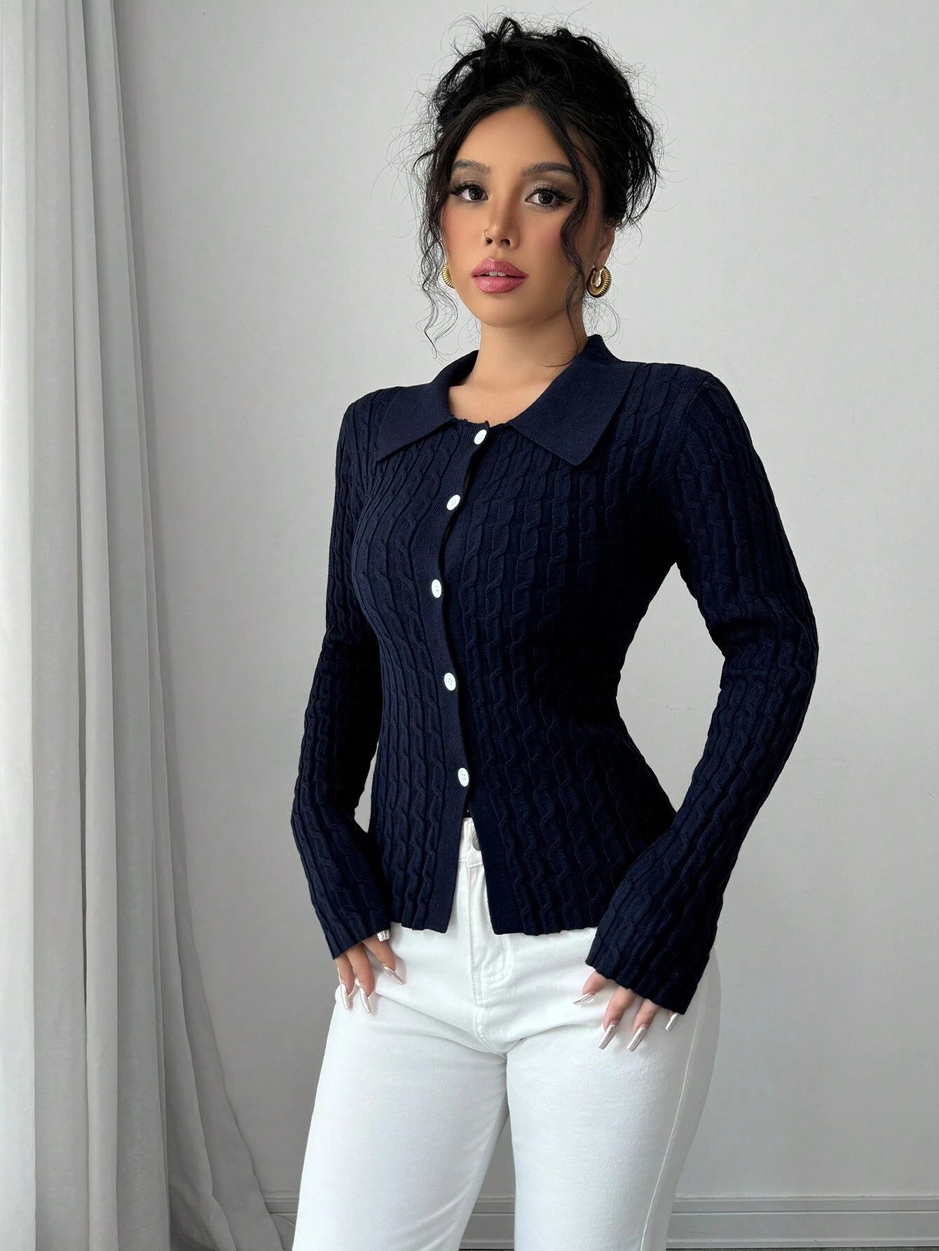  | SHEIN Elenzga Casual Solid Color Cable Knit Fitted Cardigan, Autumn/Winter | Top | Shein | OneHub