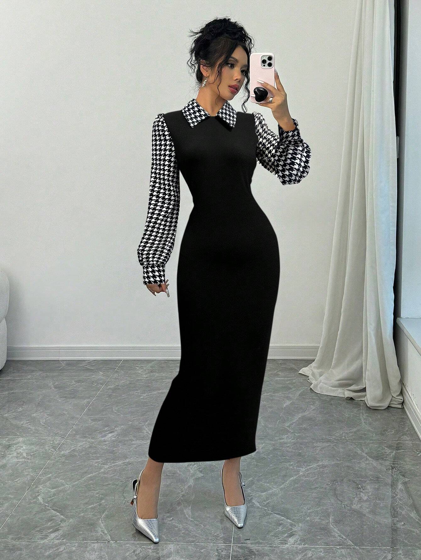SHEIN Elenzga Elegant Black Bodycon Fish Tail Dress With Peter Pan Collar, Color Blocking Houndstooth & Puff Sleeves Maxi Women Outfit Fall Cloth For Women