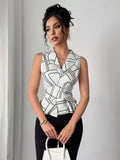 SHEIN Elenzga Elegant Geometric Print Collared, Ruched Sleeveless Blouse