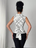 SHEIN Elenzga Elegant Geometric Print Collared, Ruched Sleeveless Blouse