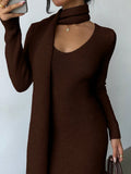 SHEIN Elenzga Elegant Light Apricot V-Neck Simple Comfortable Vintage Style Knitted Dress With Tassel Scarf, Suitable For Commuting And Outings In Autumn/Winter