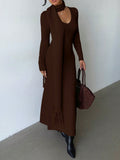 SHEIN Elenzga Elegant Light Apricot V-Neck Simple Comfortable Vintage Style Knitted Dress With Tassel Scarf, Suitable For Commuting And Outings In Autumn/Winter