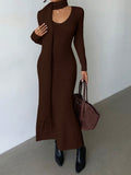 SHEIN Elenzga Elegant Light Apricot V-Neck Simple Comfortable Vintage Style Knitted Dress With Tassel Scarf, Suitable For Commuting And Outings In Autumn/Winter