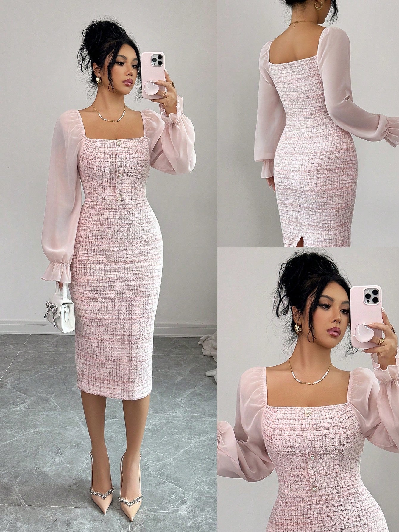 SHEIN Elenzga Elegant Romantic Tweed Patchwork Chiffon Collared Dress, Suitable For Dates Garden Party Day Party And Holidays Pink And White Autumn