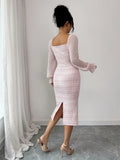 SHEIN Elenzga Elegant Romantic Tweed Patchwork Chiffon Collared Dress, Suitable For Dates Garden Party Day Party And Holidays Pink And White Autumn