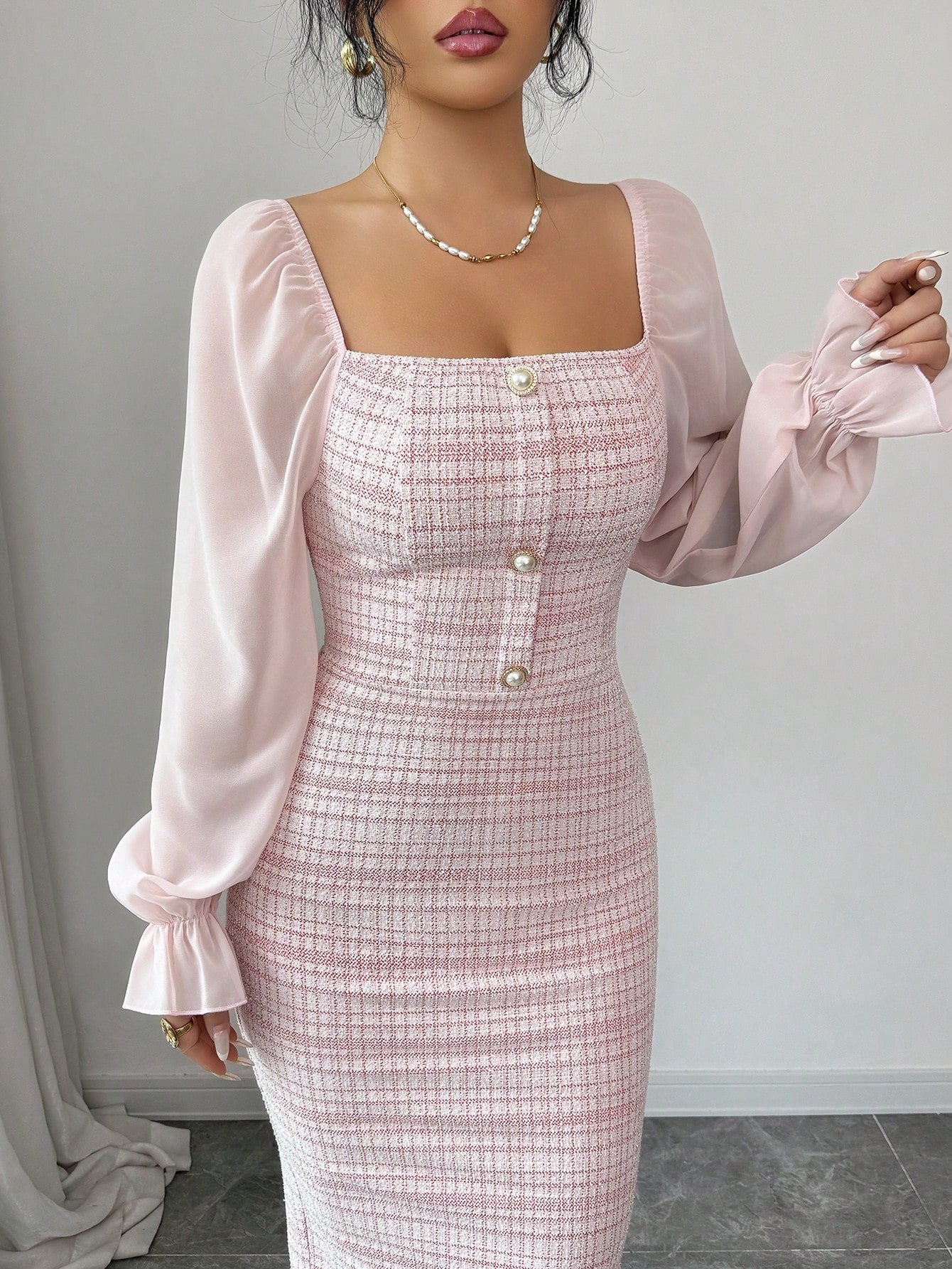 SHEIN Elenzga Elegant Romantic Tweed Patchwork Chiffon Collared Dress, Suitable For Dates Garden Party Day Party And Holidays Pink And White Autumn