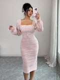 SHEIN Elenzga Elegant Romantic Tweed Patchwork Chiffon Collared Dress, Suitable For Dates Garden Party Day Party And Holidays Pink And White Autumn