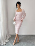SHEIN Elenzga Elegant Romantic Tweed Patchwork Chiffon Collared Dress, Suitable For Dates Garden Party Day Party And Holidays Pink And White Autumn