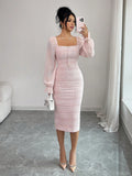 SHEIN Elenzga Elegant Romantic Tweed Patchwork Chiffon Collared Dress, Suitable For Dates Garden Party Day Party And Holidays Pink And White Autumn