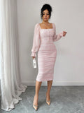 SHEIN Elenzga Elegant Romantic Tweed Patchwork Chiffon Collared Dress, Suitable For Dates Garden Party Day Party And Holidays Pink And White Autumn
