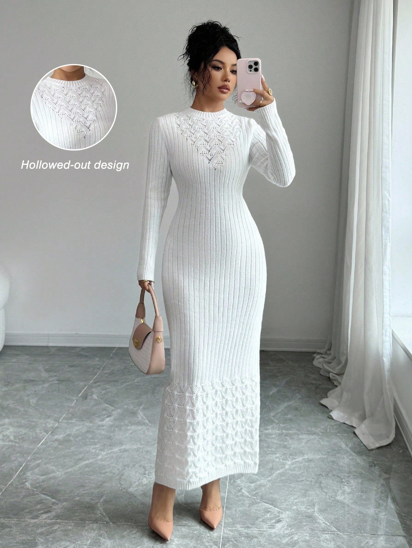 SHEIN Elenzga Hollow Floral Pattern Fitted Women Sweater Dress