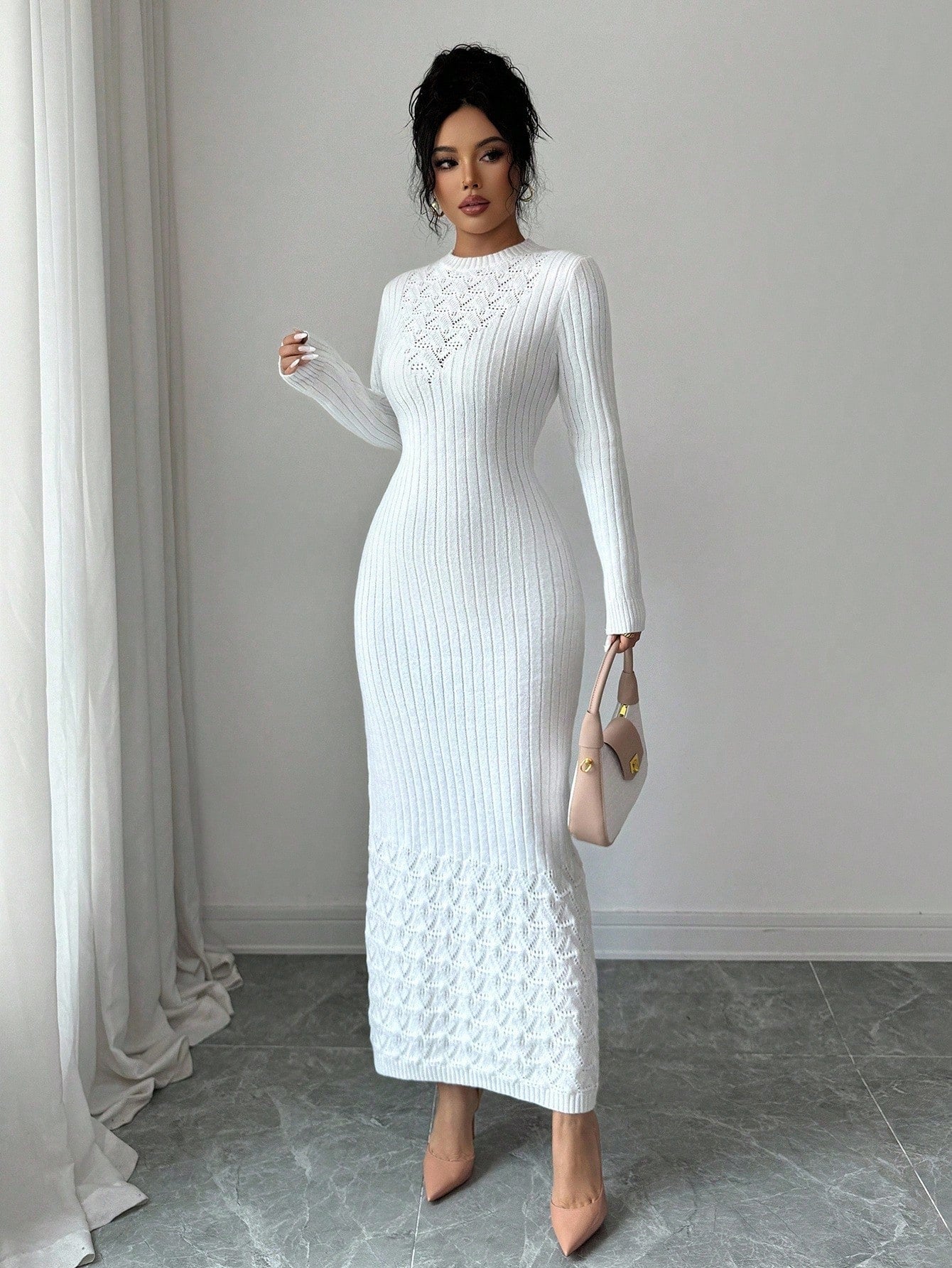 SHEIN Elenzga Hollow Floral Pattern Fitted Women Sweater Dress