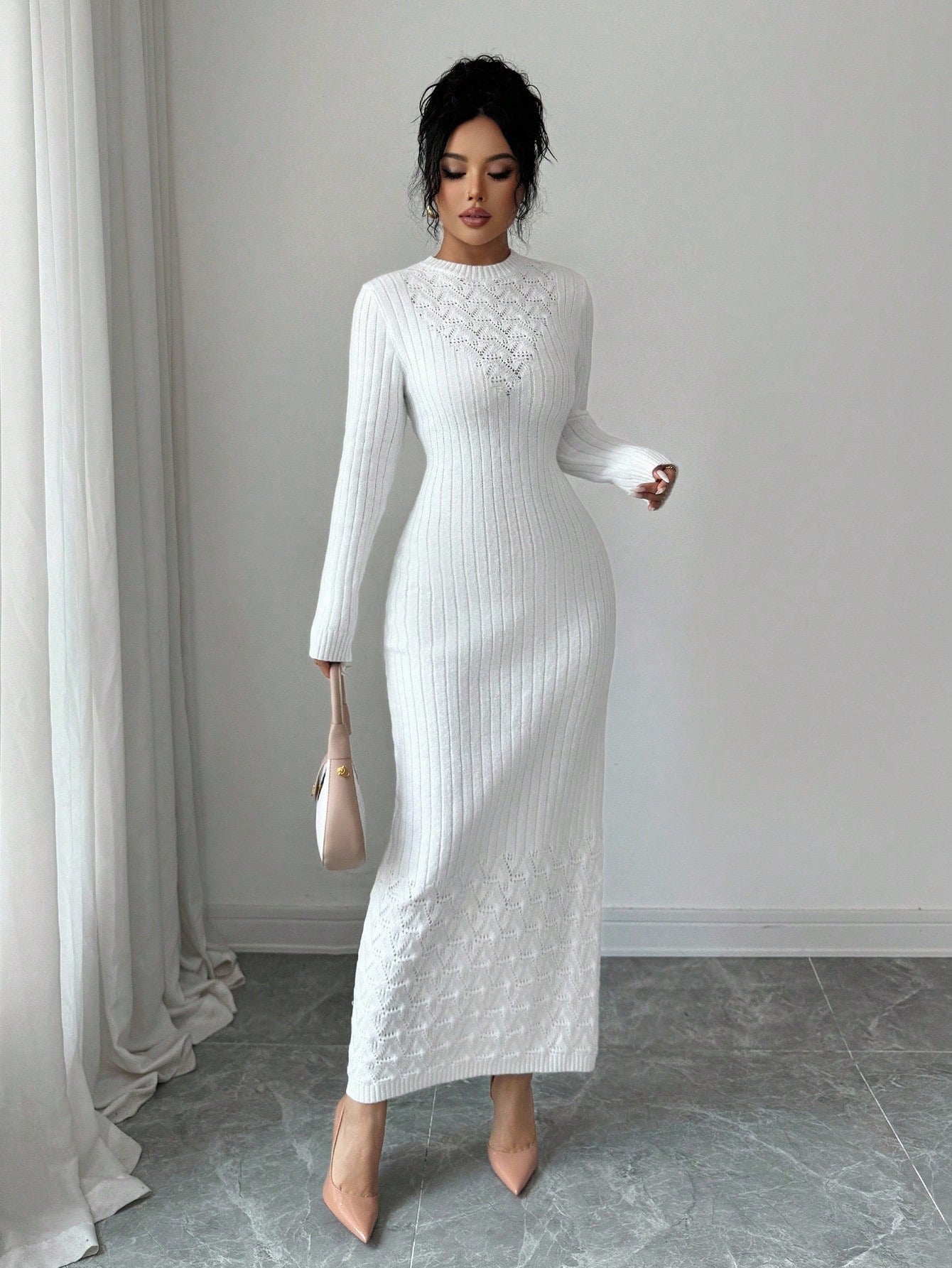 SHEIN Elenzga Hollow Floral Pattern Fitted Women Sweater Dress