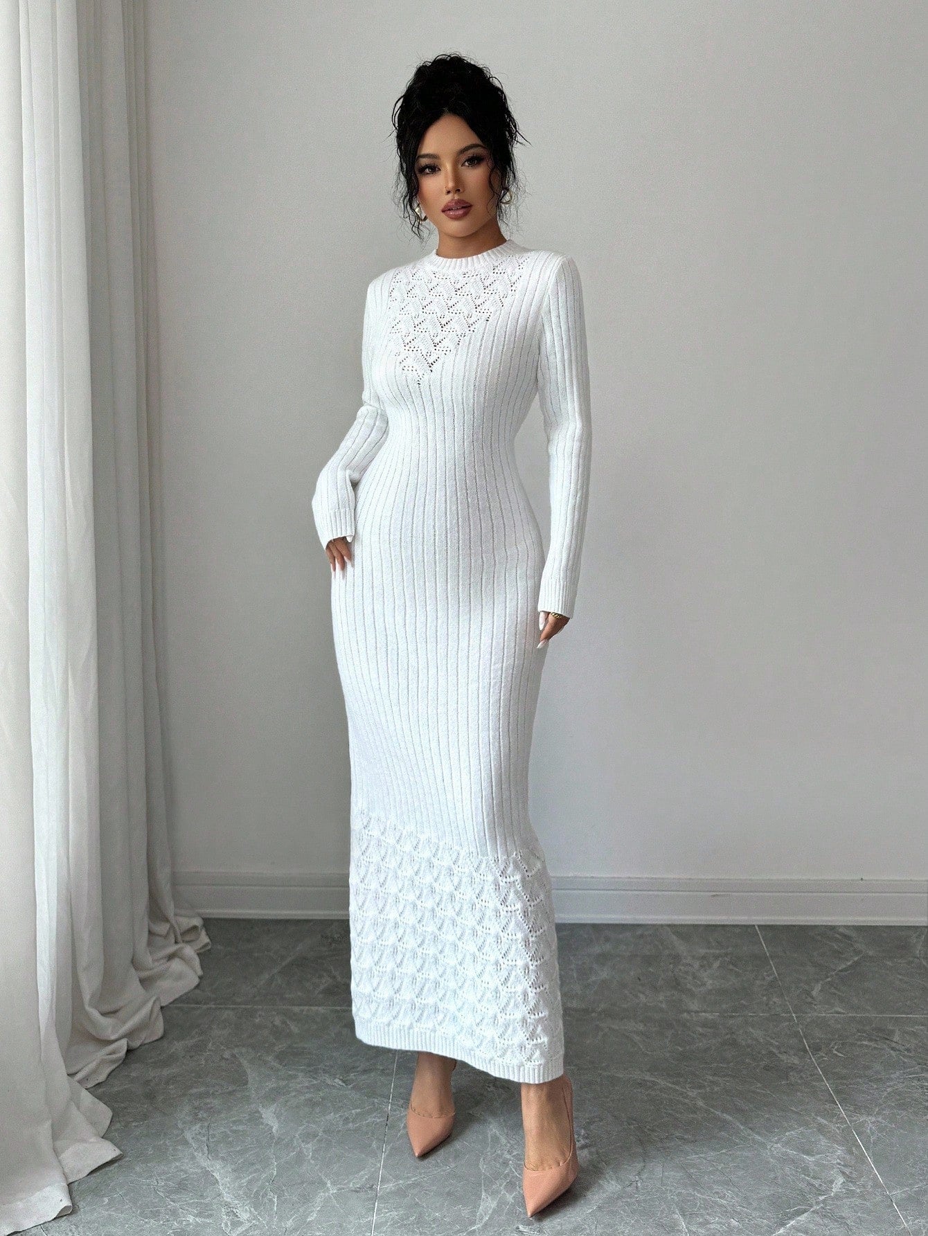 SHEIN Elenzga Hollow Floral Pattern Fitted Women Sweater Dress