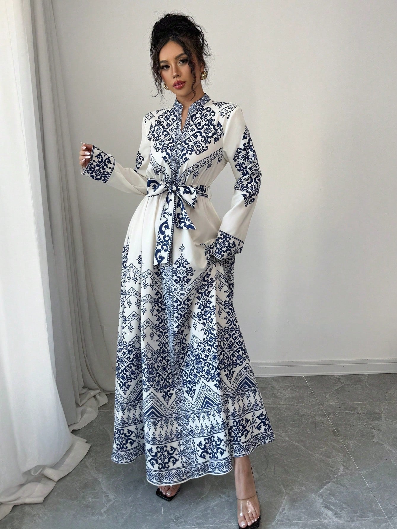shein women dress SHEIN Elenzga Long Sleeve Fitted Waist Long Dress For Women | Dress