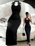 SHEIN Elenzga New Arrival Spring/Summer Casual Elegant Vacation Beach Party Halter Fitted Embroidered Lace Dress For Women, Black