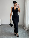 SHEIN Elenzga New Arrival Spring/Summer Casual Elegant Vacation Beach Party Halter Fitted Embroidered Lace Dress For Women, Black