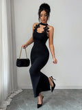 SHEIN Elenzga New Arrival Spring/Summer Casual Elegant Vacation Beach Party Halter Fitted Embroidered Lace Dress For Women, Black