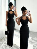 SHEIN Elenzga New Arrival Spring/Summer Casual Elegant Vacation Beach Party Halter Fitted Embroidered Lace Dress For Women, Black