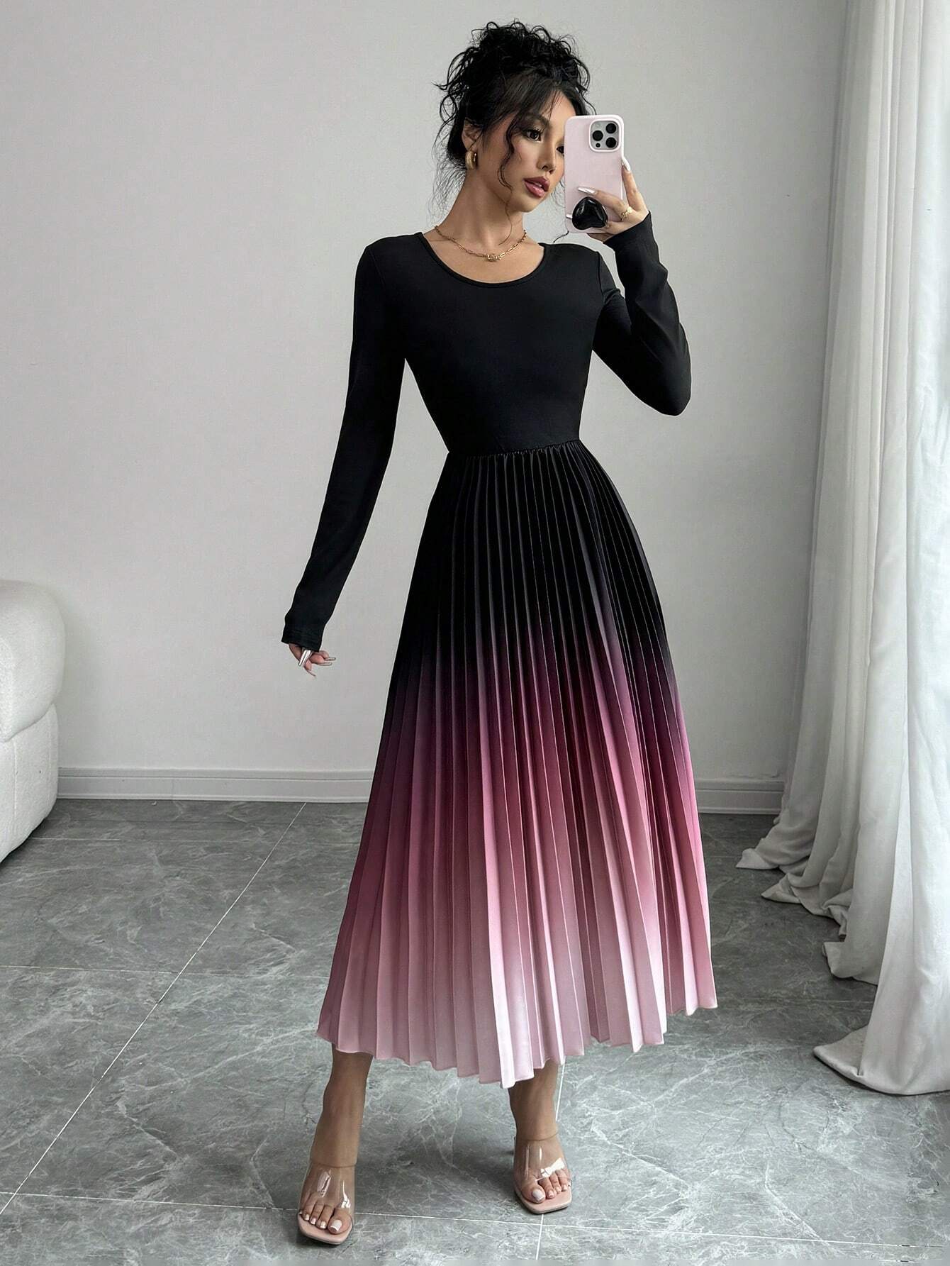  | SHEIN Elenzga Ombre Color Elegant Dress With Burn-Out Pleated Design, Sexy Women Maxi Women Outfit | Dress | Shein | OneHub