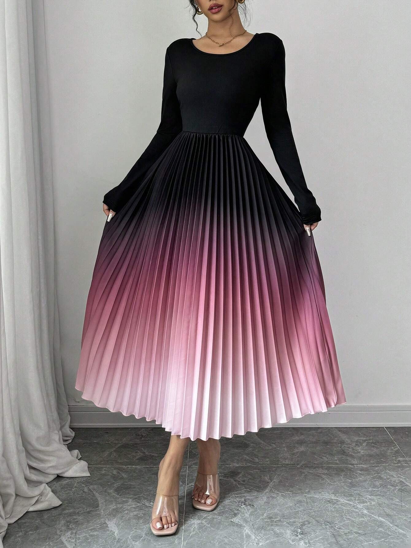  | SHEIN Elenzga Ombre Color Elegant Dress With Burn-Out Pleated Design, Sexy Women Maxi Women Outfit | Dress | Shein | OneHub