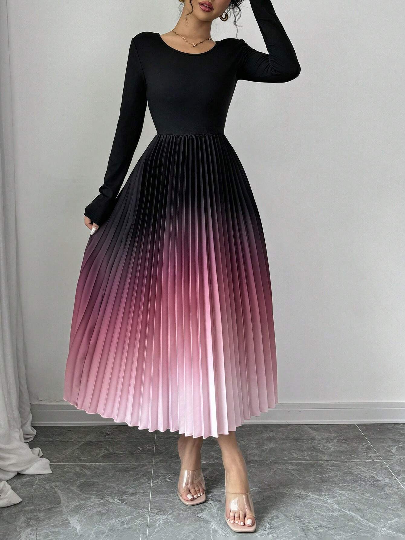  | SHEIN Elenzga Ombre Color Elegant Dress With Burn-Out Pleated Design, Sexy Women Maxi Women Outfit | Dress | Shein | OneHub