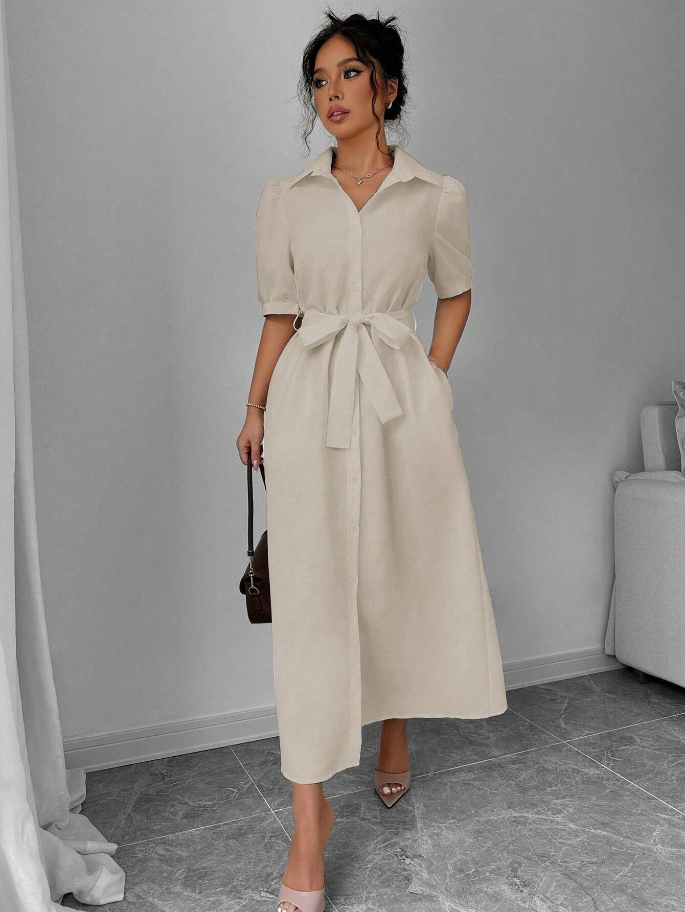  | SHEIN Elenzga Solid Puff Sleeve Belted Shirt Dress For Summer Maxi Women Outfit | Dress | Shein | OneHub