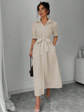 SHEIN Elenzga Solid Puff Sleeve Belted Shirt Dress For Summer Maxi Women Outfit