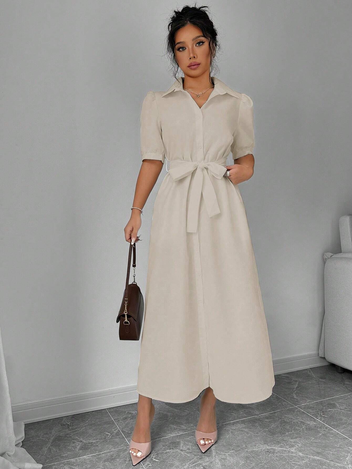  | SHEIN Elenzga Solid Puff Sleeve Belted Shirt Dress For Summer Maxi Women Outfit | Dress | Shein | OneHub