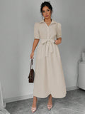  | SHEIN Elenzga Solid Puff Sleeve Belted Shirt Dress For Summer Maxi Women Outfit | Dress | Shein | OneHub