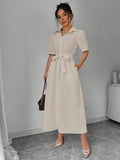  | SHEIN Elenzga Solid Puff Sleeve Belted Shirt Dress For Summer Maxi Women Outfit | Dress | Shein | OneHub