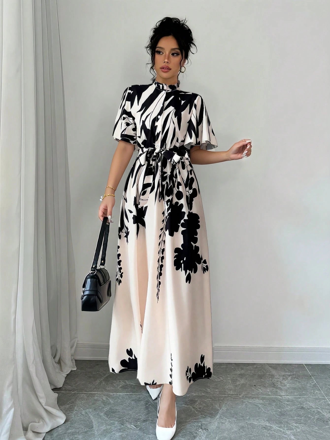 SHEIN Elenzga Women Apricot Printed Cap Sleeve Ruffle Trim Tie-Waist V | Dress SHEIN Elenzga Women Apricot Printed Cap Sleeve Ruffle Trim Tie-Waist V | Dress