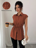 SHEIN Elenzga Women's Casual Vacation Style Shirt Collar Button Down Drawstring Waist A-Line Loose Blouse Top