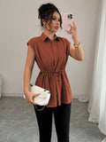 SHEIN Elenzga Women's Casual Vacation Style Shirt Collar Button Down Drawstring Waist A-Line Loose Blouse Top