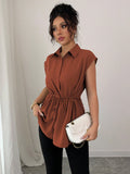 SHEIN Elenzga Women's Casual Vacation Style Shirt Collar Button Down Drawstring Waist A-Line Loose Blouse Top