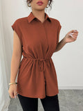 SHEIN Elenzga Women's Casual Vacation Style Shirt Collar Button Down Drawstring Waist A-Line Loose Blouse Top