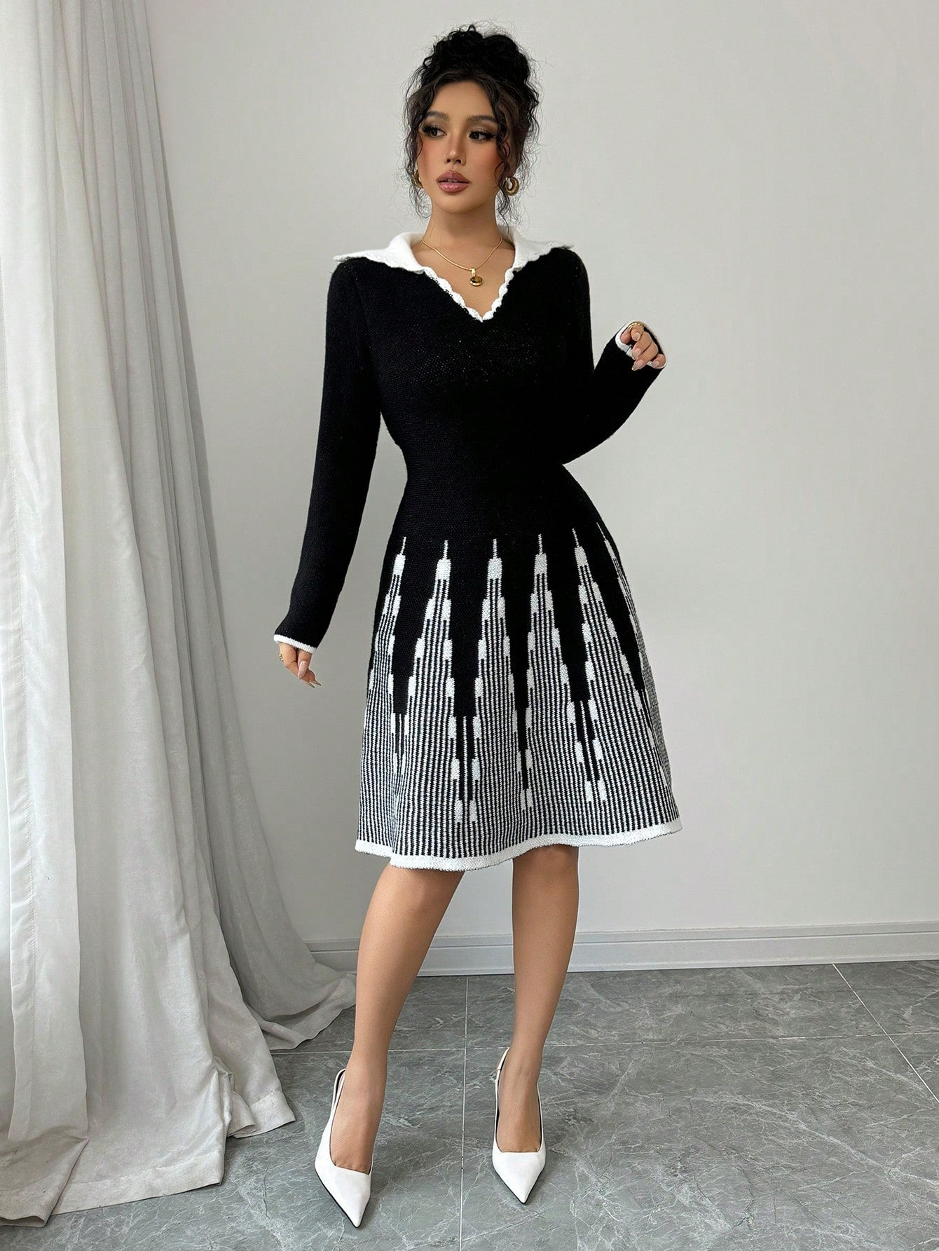 SHEIN Elenzga Women's Contrast Color Turndown Collar Long Sleeve Casual Sweater Dress, Autumn/Winter