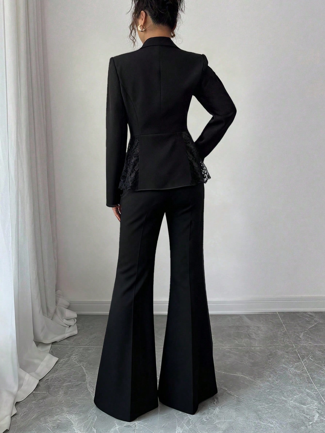 SHEIN Elenzga Women's Elegant Black Lace Trim Collared Long Sleeve Fitted Blazer + Women's Elegant Black Flared Leg Fitted Pants, Spring/Autumn