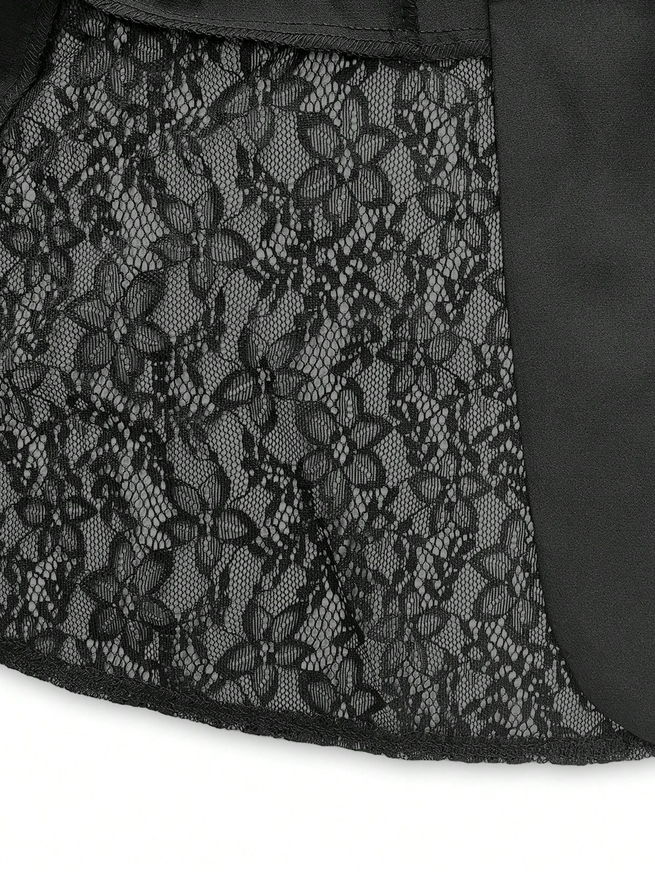 SHEIN Elenzga Women's Elegant Black Lace Trim Collared Long Sleeve Fitted Blazer + Women's Elegant Black Flared Leg Fitted Pants, Spring/Autumn