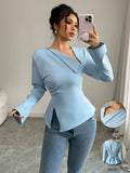 SHEIN Elenzga Women's Elegant Commuter Casual Comfortable Asymmetric V-Neck Long Sleeve Cinched Waist Split Hem Blouse