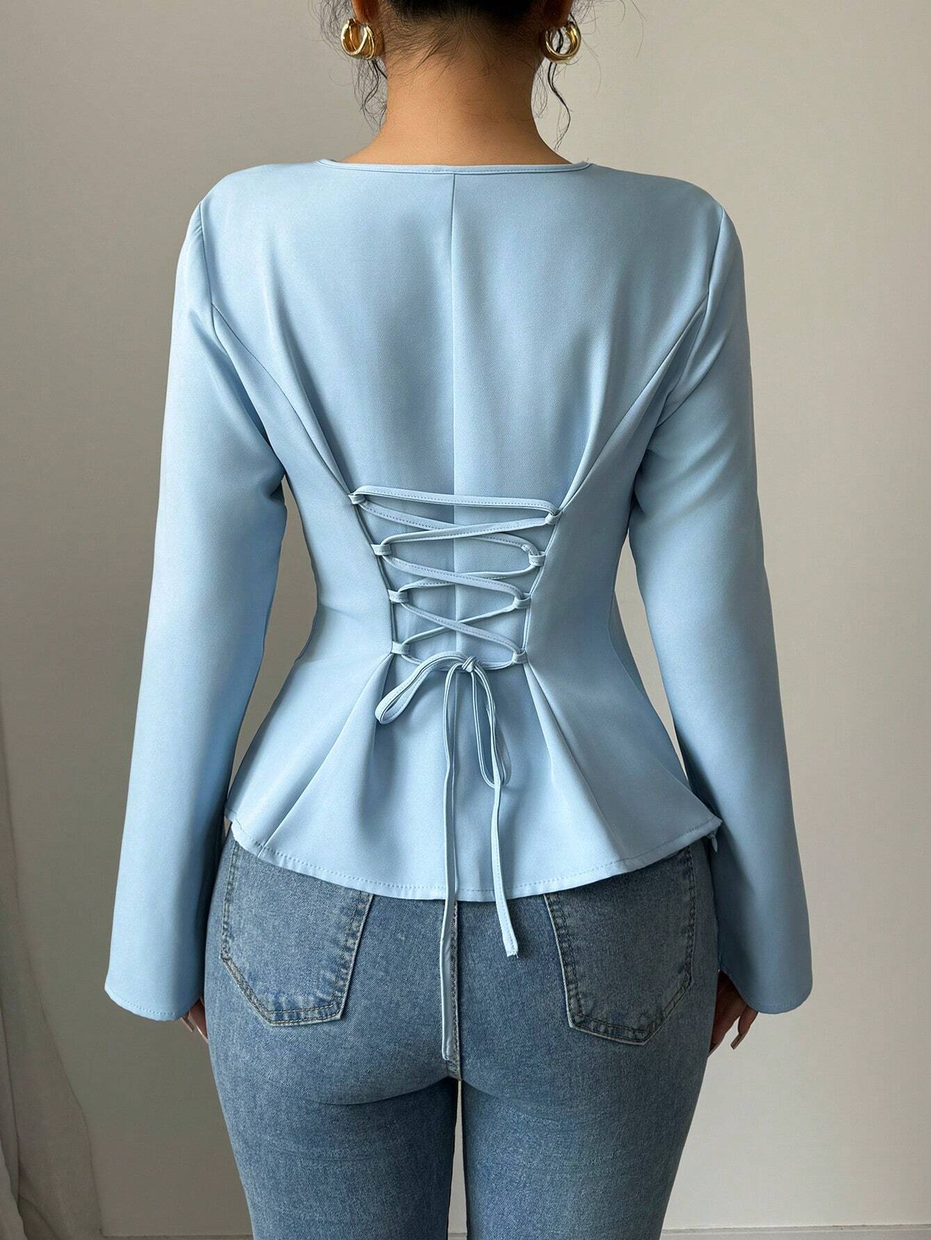  | SHEIN Elenzga Women's Elegant Commuter Casual Comfortable Asymmetric V-Neck Long Sleeve Cinched Waist Split Hem Blouse | Top | Shein | OneHub