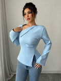  | SHEIN Elenzga Women's Elegant Commuter Casual Comfortable Asymmetric V-Neck Long Sleeve Cinched Waist Split Hem Blouse | Top | Shein | OneHub