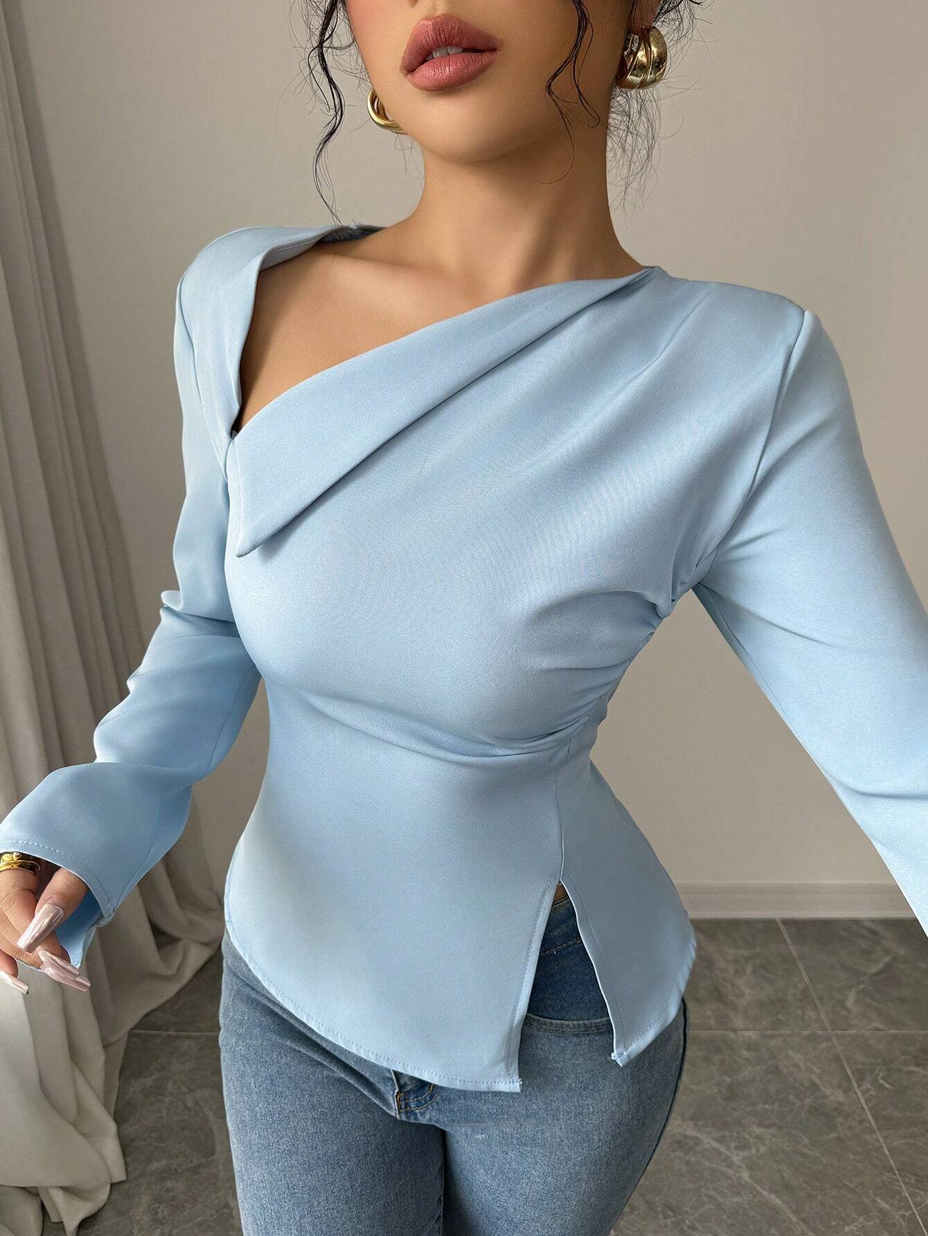  | SHEIN Elenzga Women's Elegant Commuter Casual Comfortable Asymmetric V-Neck Long Sleeve Cinched Waist Split Hem Blouse | Top | Shein | OneHub