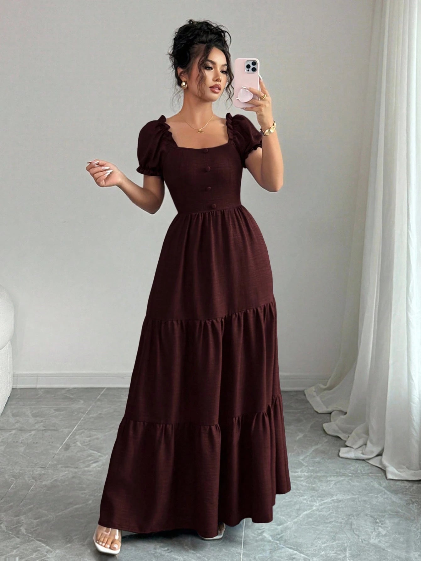 shein ladies elegant dresses SHEIN Aqua Blue Jacquard Long Dress Wedding Guest Women Maxi Summer Party Formal Gowns Round Neck Waist Cinched Puff Sleeve Flared Hem A-Lin,L