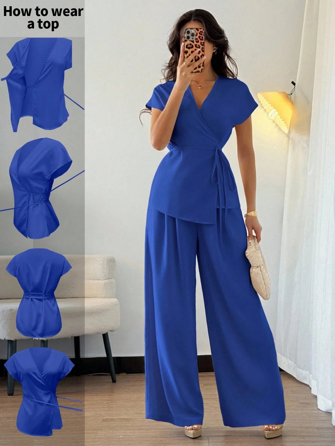  | SHEIN Elenzga Women's Elegant Wrap Style Batwing Sleeve Chiffon Blouse + Wide Leg Loose Pants 2-Piece Set | Top and Pant Set | Shein | OneHub