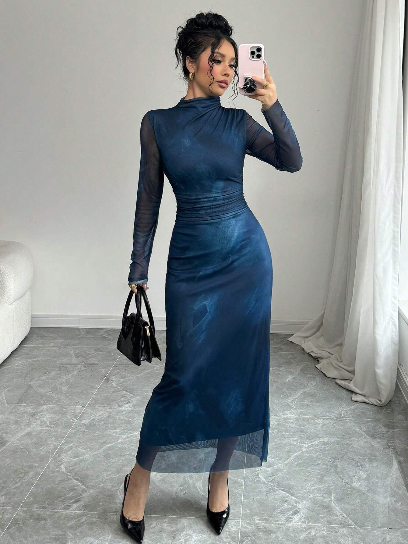  | SHEIN Elenzga Women's New Autumn/Winter Design Stand Collar Long Sleeve Pleated Waist Slimming Net Fabric Tie Dye Ink Painting Print Dress Maxi Women Outfit | Dress | Shein | OneHub