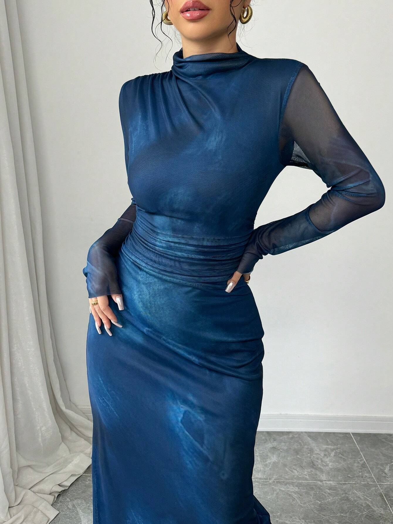 shein long silk dress SHEIN X WOMEN'S MAXI DRESS SIZE: M NAVY BLUE SATIN LACE SHEER PLUNGING NECK NEW