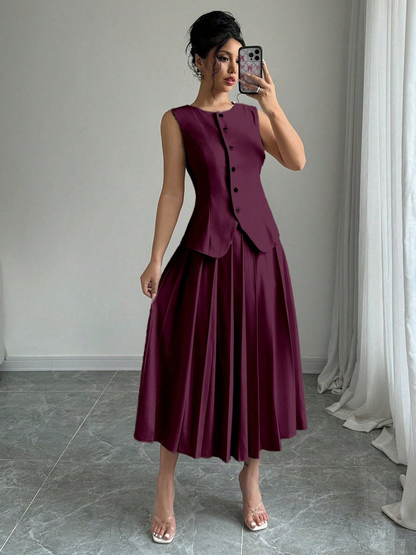  | SHEIN Elenzga Women's Plain Single-Breasted Vest And Pleated Mini Skirt Suit Set | Top and Pant Set | Shein | OneHub