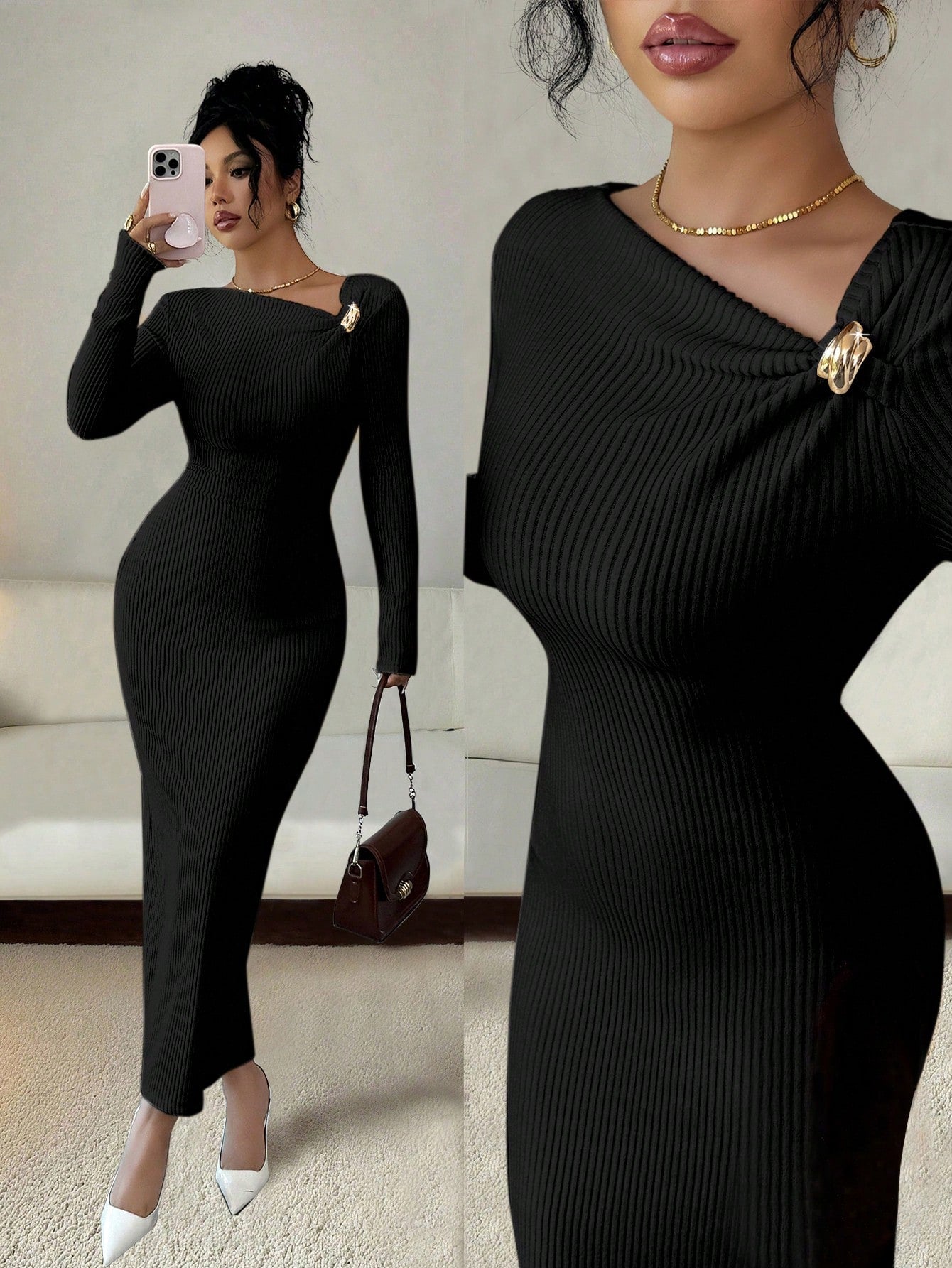 SHEIN Elenzga Women's Ribbed Ruched Metal Decor Casual Midi Knit Dress, Suitable For Autumn/Winter Travel